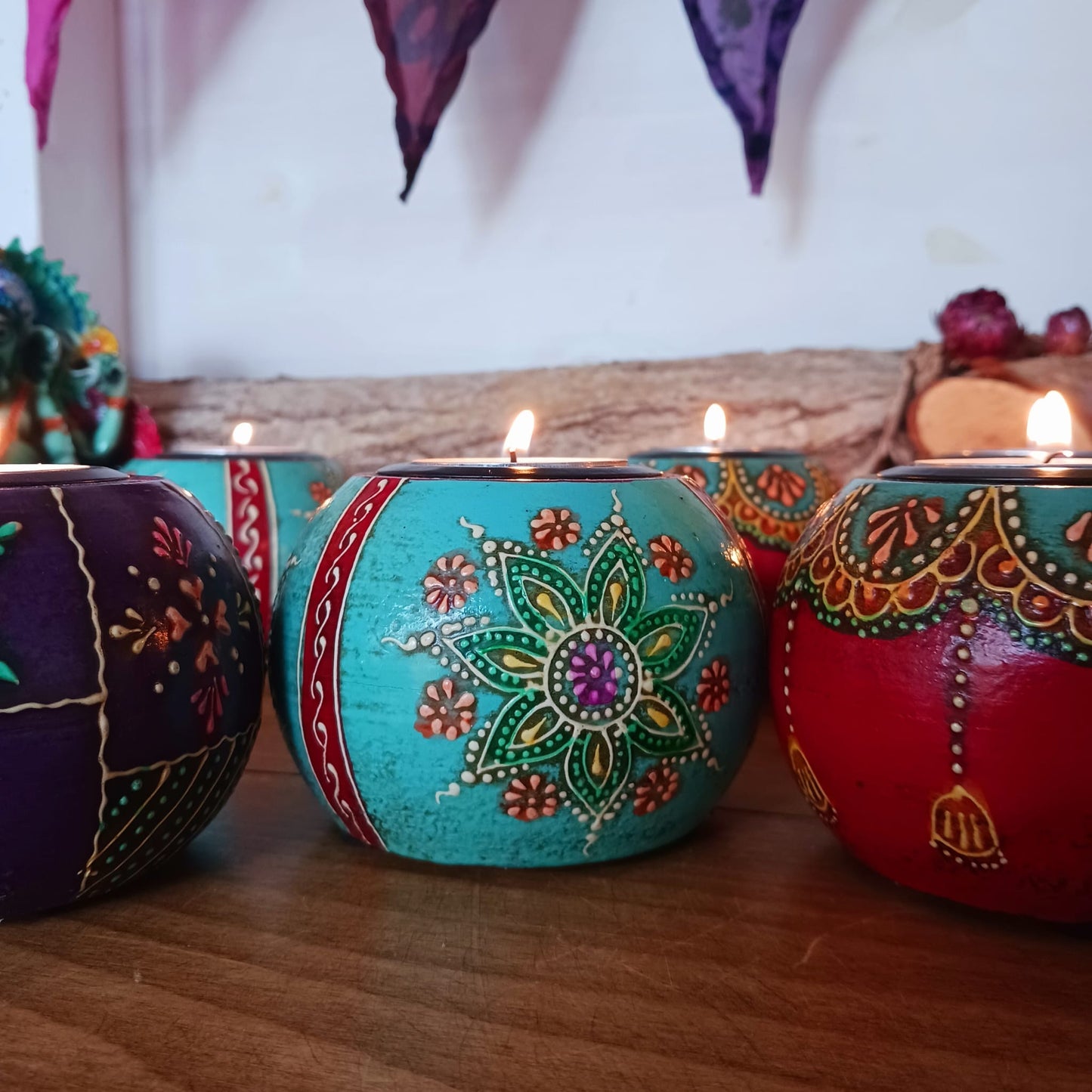 Hand Painted Wooden Round Tealight Holders