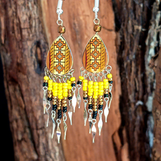 Incan Patterned Peruvian Tear Drop Earrings with Silver Plated Hooks