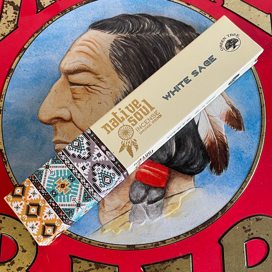 The Native Soul White Sage incense sticks are expertly blended to create a tranquil environment and promote inner balance. They come in a beautifully-designed sliding box with a native American print on the outside and a delicate feather on the inside, adding to the overall experience.