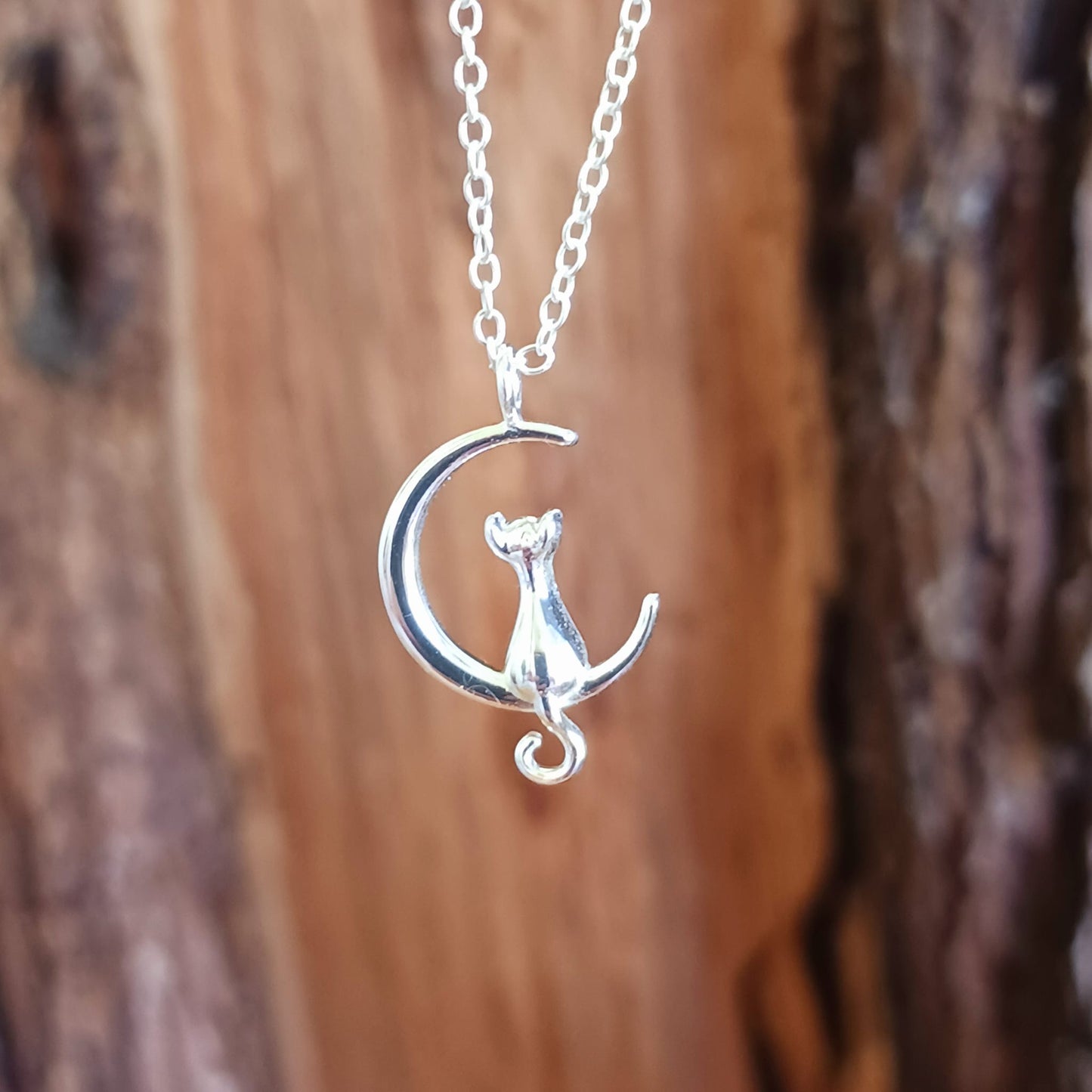 Cat on Crescent Moon Sterling Silver Pendant on Silver Chain