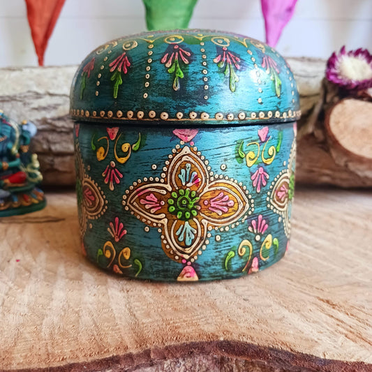 Hand painted Indian Round Jewellery Box  | Trinket Box | Blue