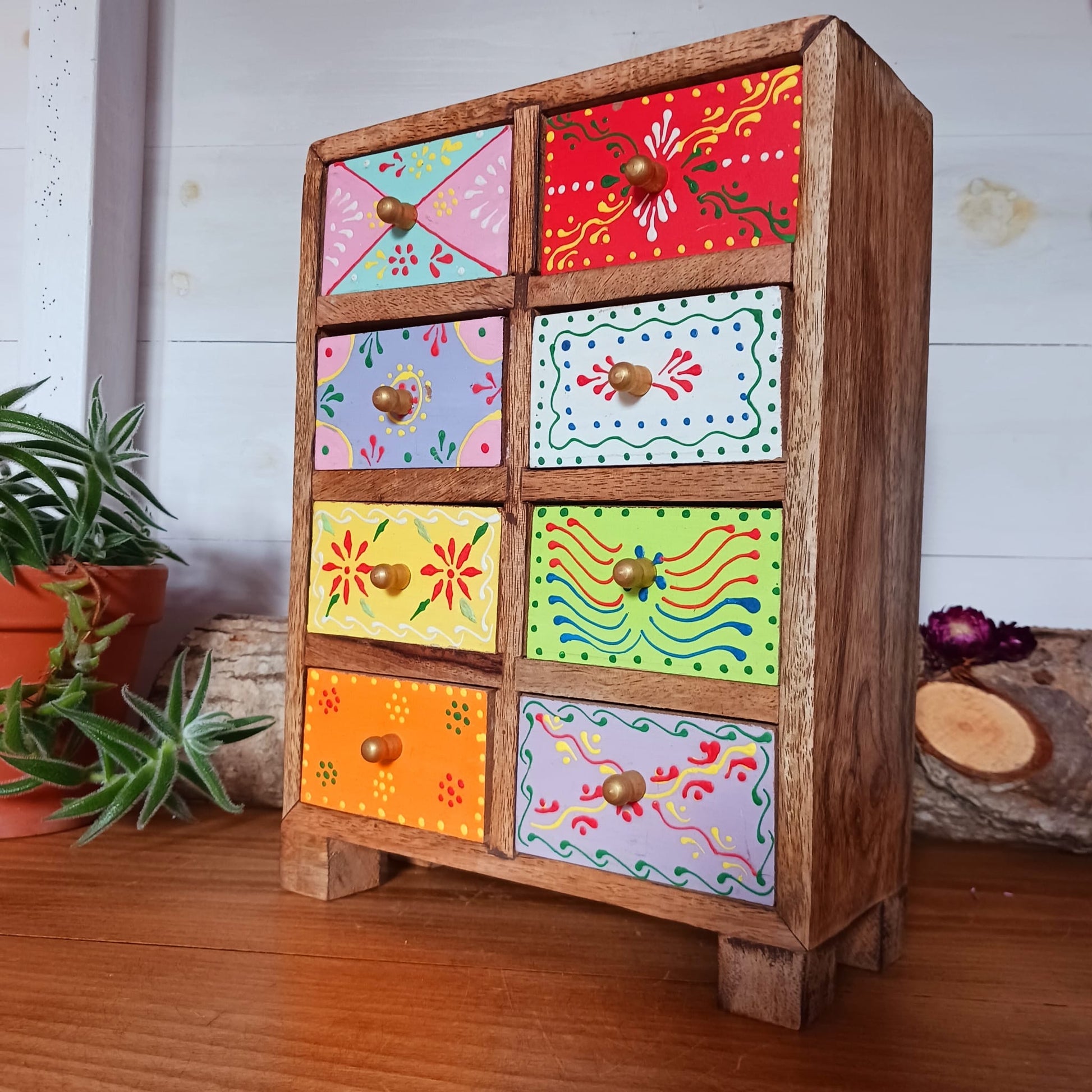 Hand Painted 8-Drawer Mango Wood Chest