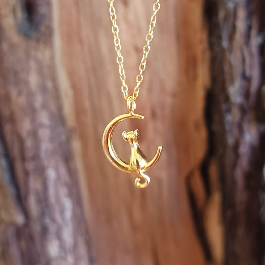 Cat on Crescent Moon Gold Plated Sterling Silver Pendant on Gold Plated Chain