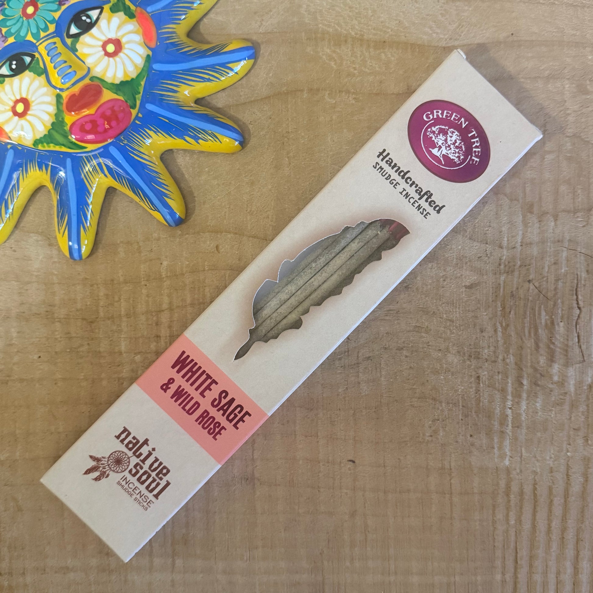 Native Soul Smudge White Sage & Wild Rose incense by Green Tree. Vegan masala incense for cleansing, heart harmony, and spiritual balance.