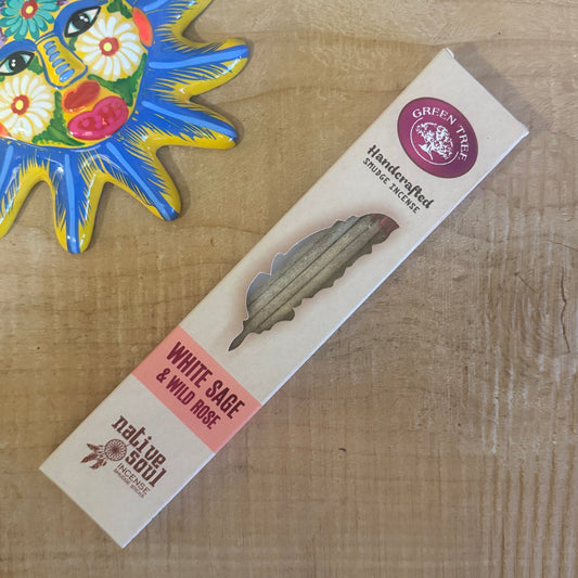 Native Soul Smudge White Sage & Wild Rose incense by Green Tree. Vegan masala incense for cleansing, heart harmony, and spiritual balance.
