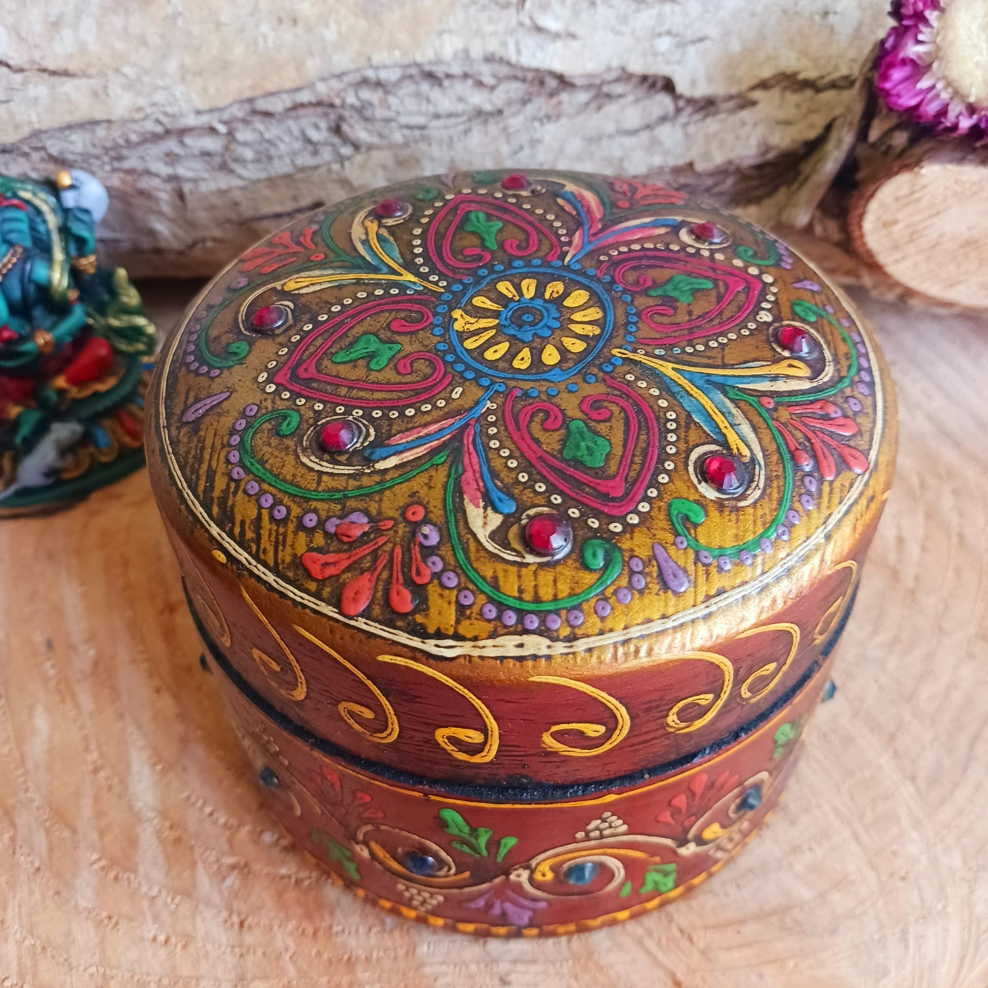 Hand painted Indian Round Jewellery Box  | Trinket Box | Brown