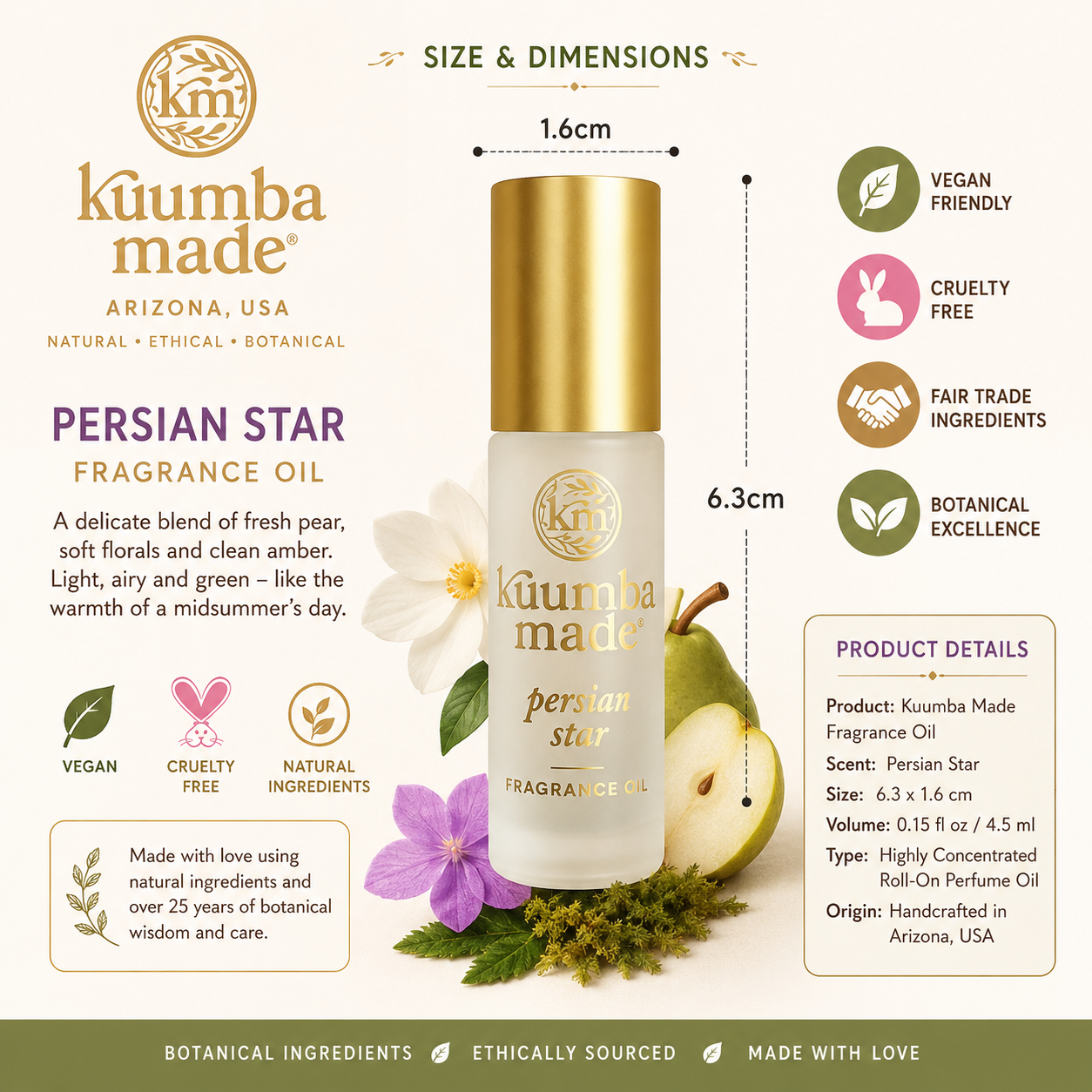 Kümba Made Persian Star Fragrance Oil bottle shown on a branded infographic background with dimensions, ingredient benefits, and product details.