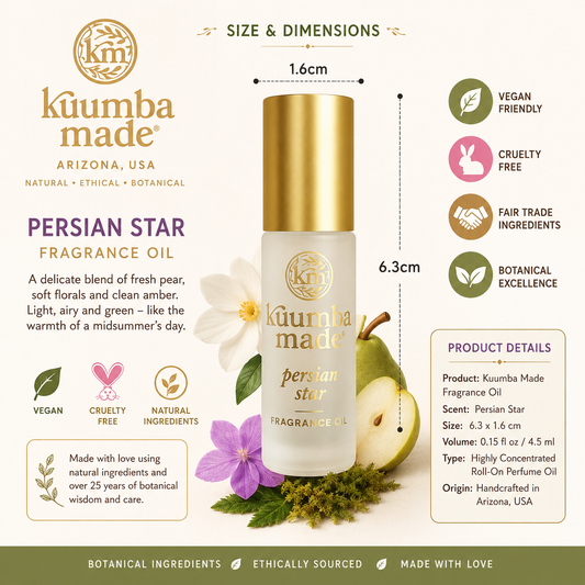 Kümba Made Persian Star Fragrance Oil bottle shown on a branded infographic background with dimensions, ingredient benefits, and product details.