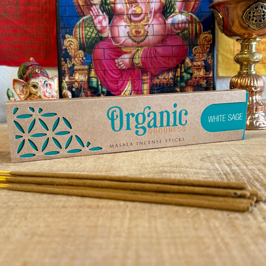 Enjoy a clean, fresh aroma with Organic Goodness White Sage incense. 96% organic, hand-rolled in India for a light and uplifting daytime scent.