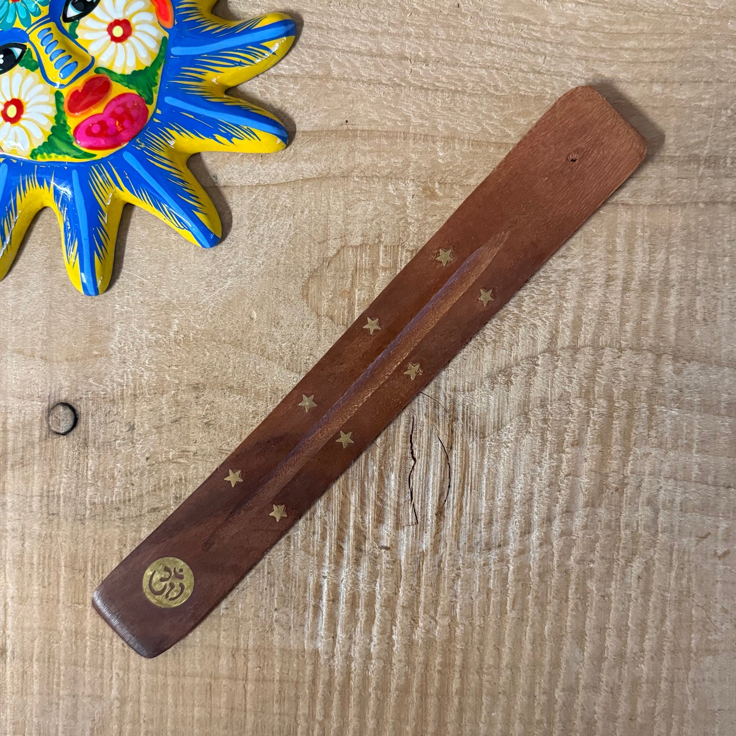 Om wooden incense ash catcher brass inlay mango wood