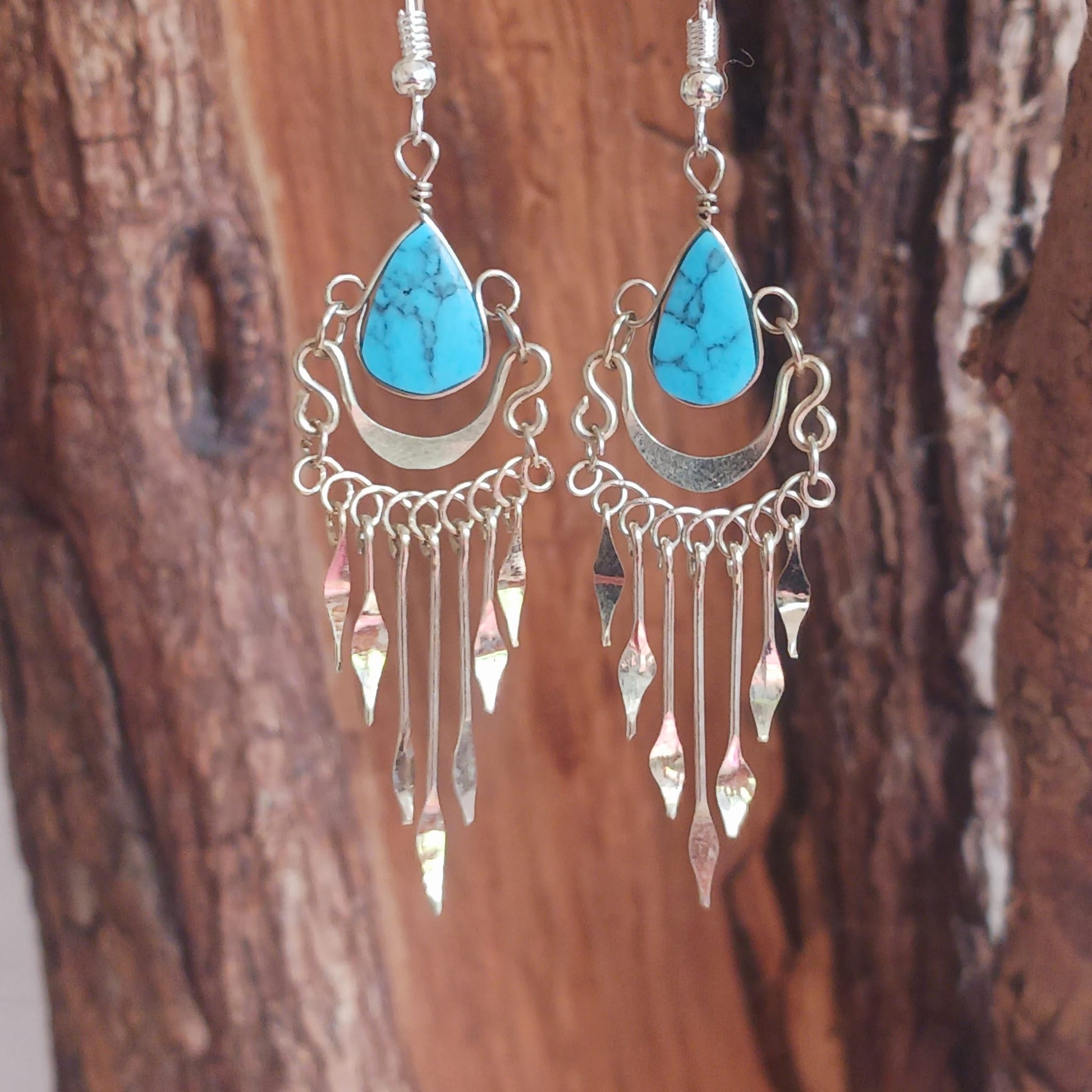 Peruvian Stone Tear Drop Earrings Silver Plated Hooks | Turquoise Stone