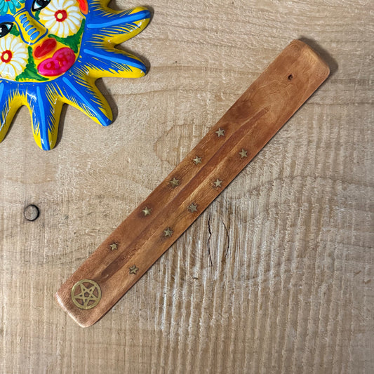 Pentacle wooden incense ash catcher with brass inlay ritual holder