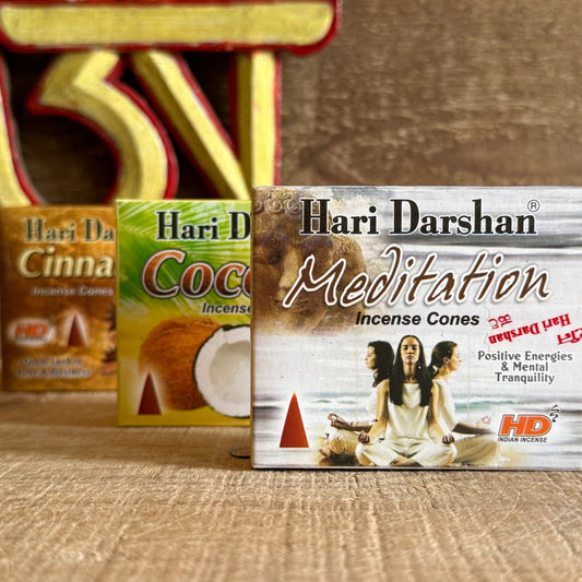 Awaken your senses and restore inner harmony with the Hari Darshan Incense Cone Set, featuring three soul-soothing fragrances — Coconut, Cinnamon, and Meditation. Handcrafted in Bangalore, India, by the artisans of Hari Darshan, this collection captures the essence of balance, peace, and positive energy.