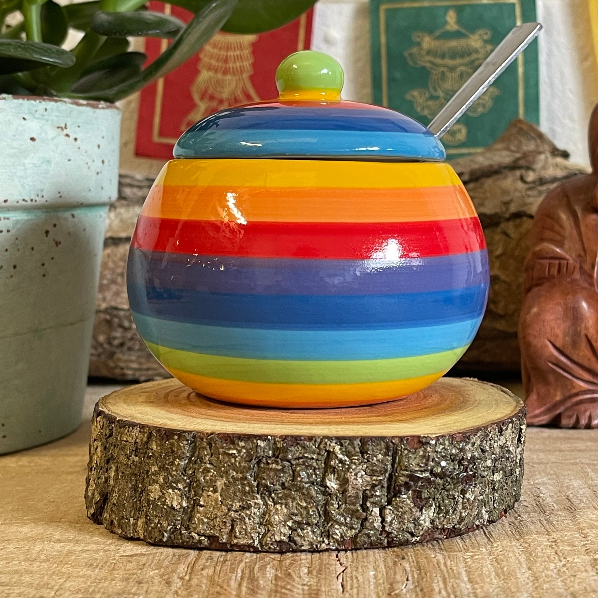 Hand painted rainbow stripe ceramic sugar bowl