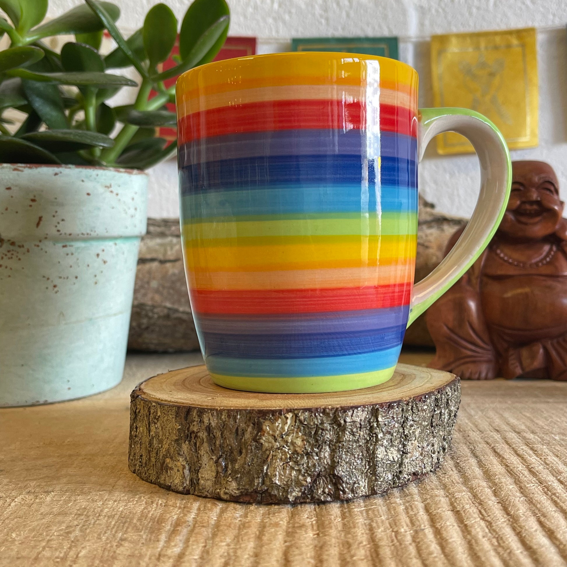 Hand painted rainbow stripe mug 349ml (approx.)