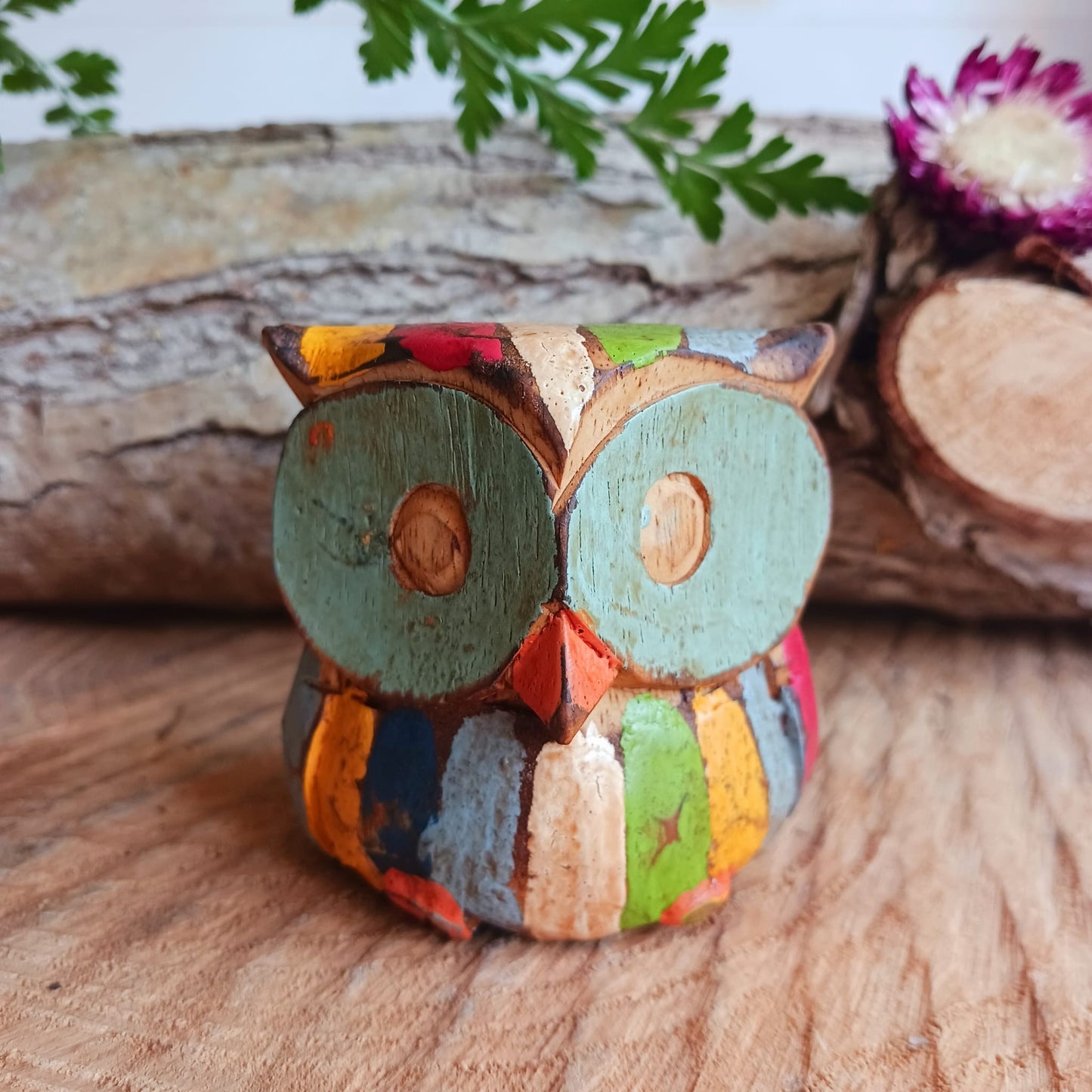 Set of Wooden Rustic Hand Carved Owls