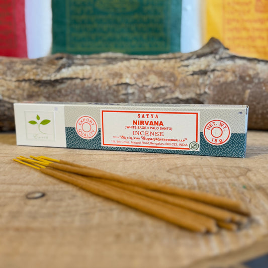 Satya Earth Nirvana - A balancing scent combining the powerful properties of white sage with the stress-relieving qualities of palo santo.

Be enchanted by the hypnotic blend of potent white sage infused with the essence of the season. Embrace the all-natural ingredients of Satya Earth's luxurious incense.

1 box = 15gms sticks (approx.12-13sticks )&nbsp;