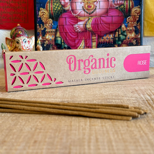 Rose Incense – Organic Goodness | Luxury Scent from India

Experience the scent of luxury with Organic Goodness Rose incense. Made in India, this rich, woody aroma is found in premium perfumes. 12 x 15g sticks.