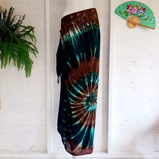 Tie Dye Spiral Nebula Sarong | Beach wrap Green Brown