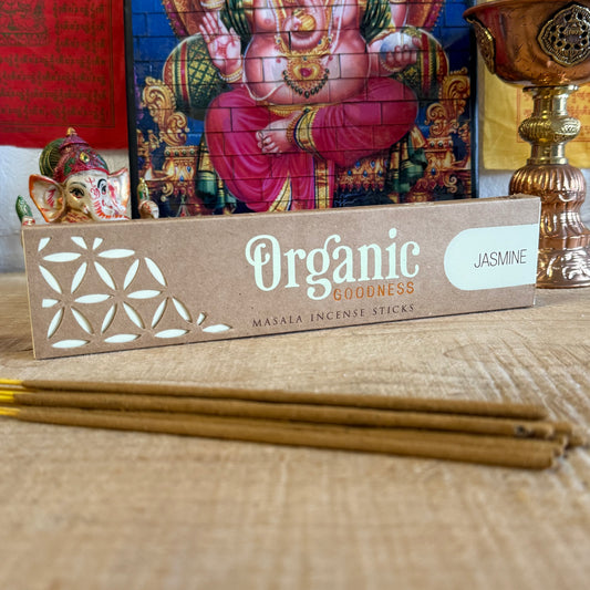 Experience pure bliss with Organic Goodness Jasmine Incense by Song of India. 96% organic, hand-rolled masala sticks made in India for a natural aroma.