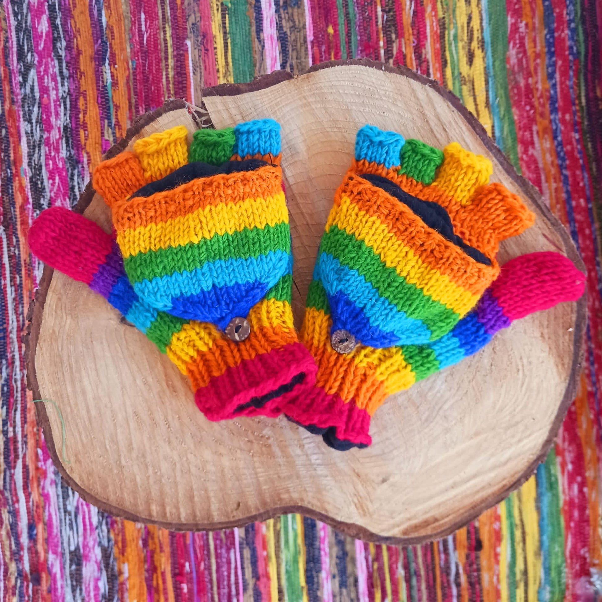 Rainbow Flap Lined Gloves | Merino wool | Handmade in Nepal