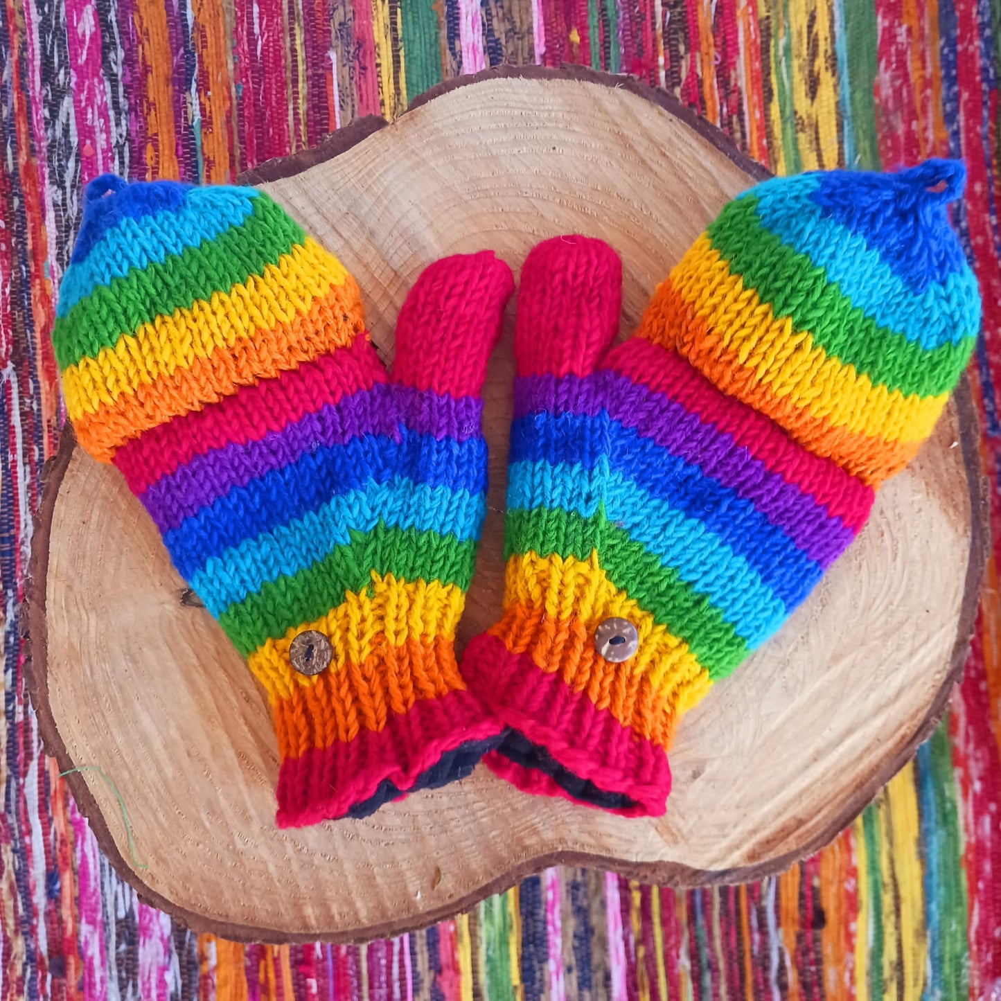 Rainbow Flap Lined Gloves | Merino wool | Handmade in Nepal