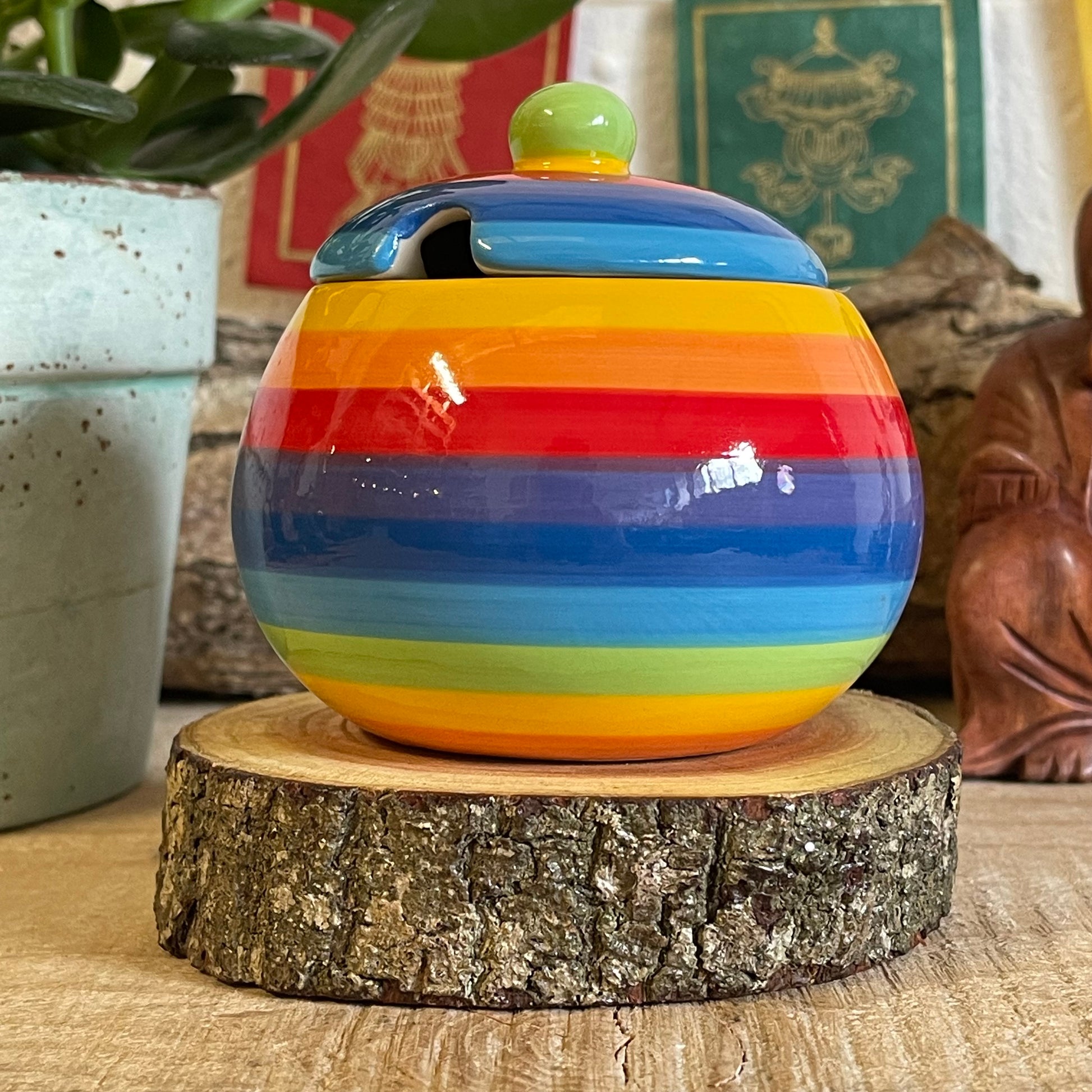 Hand painted rainbow stripe ceramic sugar bowl