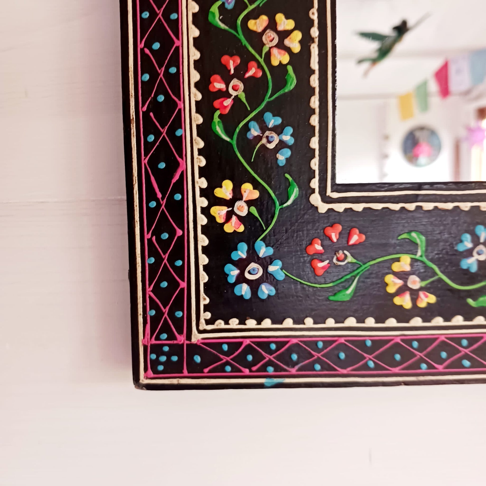 Black Indian Floral Hand Painted Wall Mirror