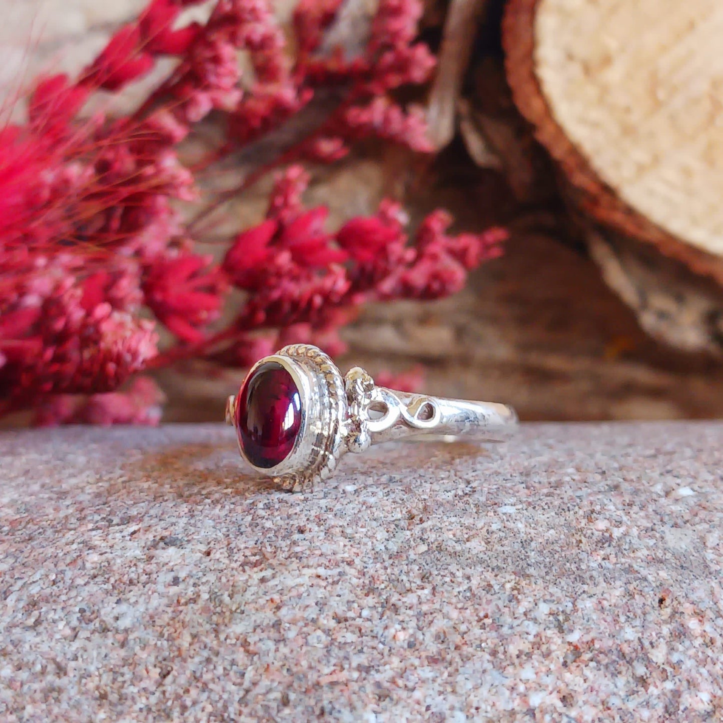 Garnet Spirals Nepalese Silver Ring | Size (8.5 )