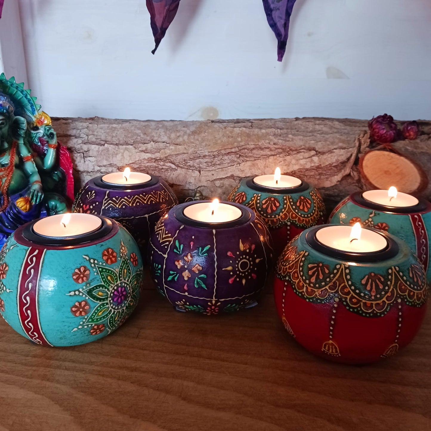 Hand Painted Wooden Round Tealight Holders