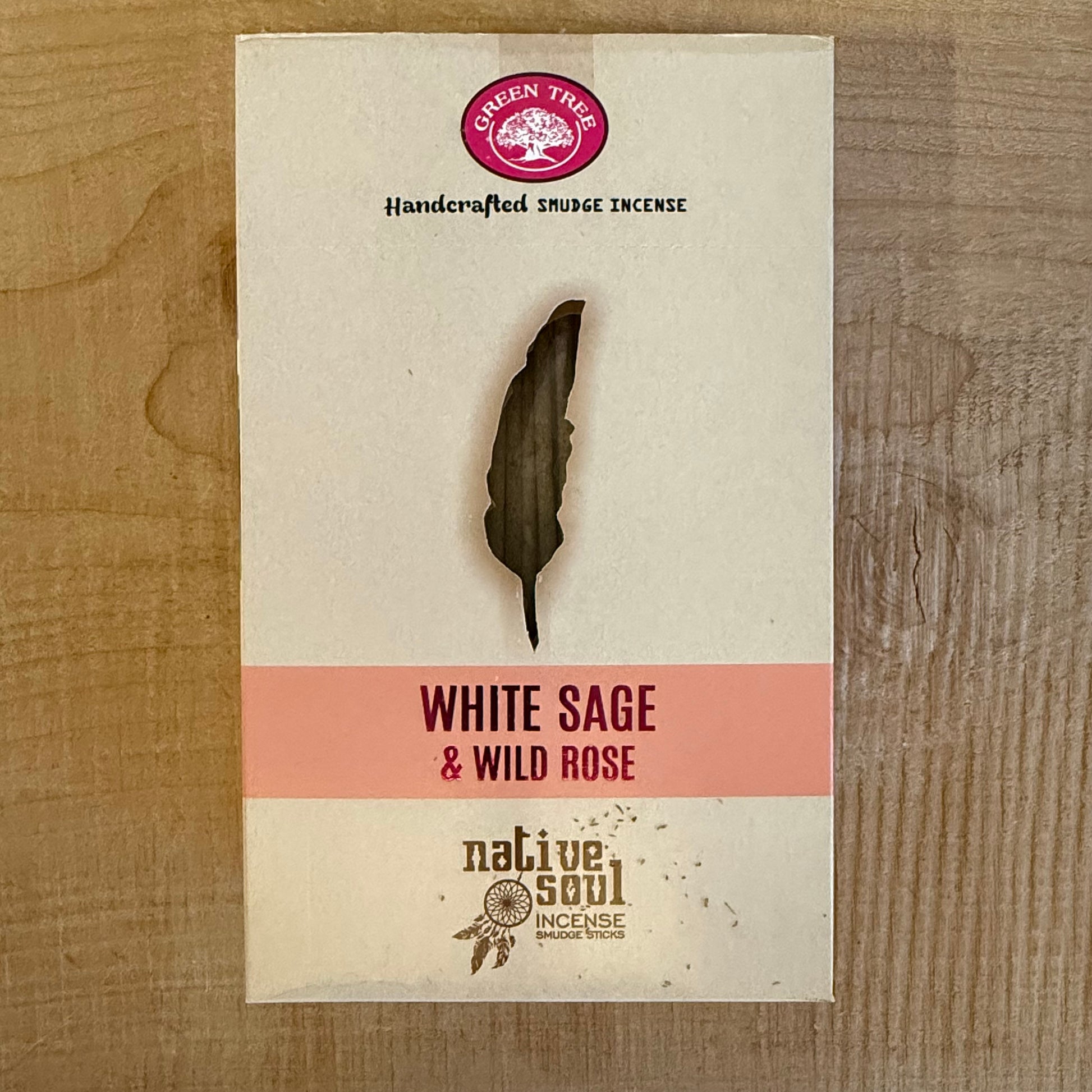 Native Soul Smudge White Sage & Wild Rose incense by Green Tree. Vegan masala incense for cleansing, heart harmony, and spiritual balance.