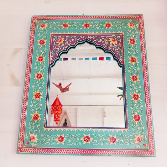 Turquoise Indian Floral Hand Painted Wall Mirror