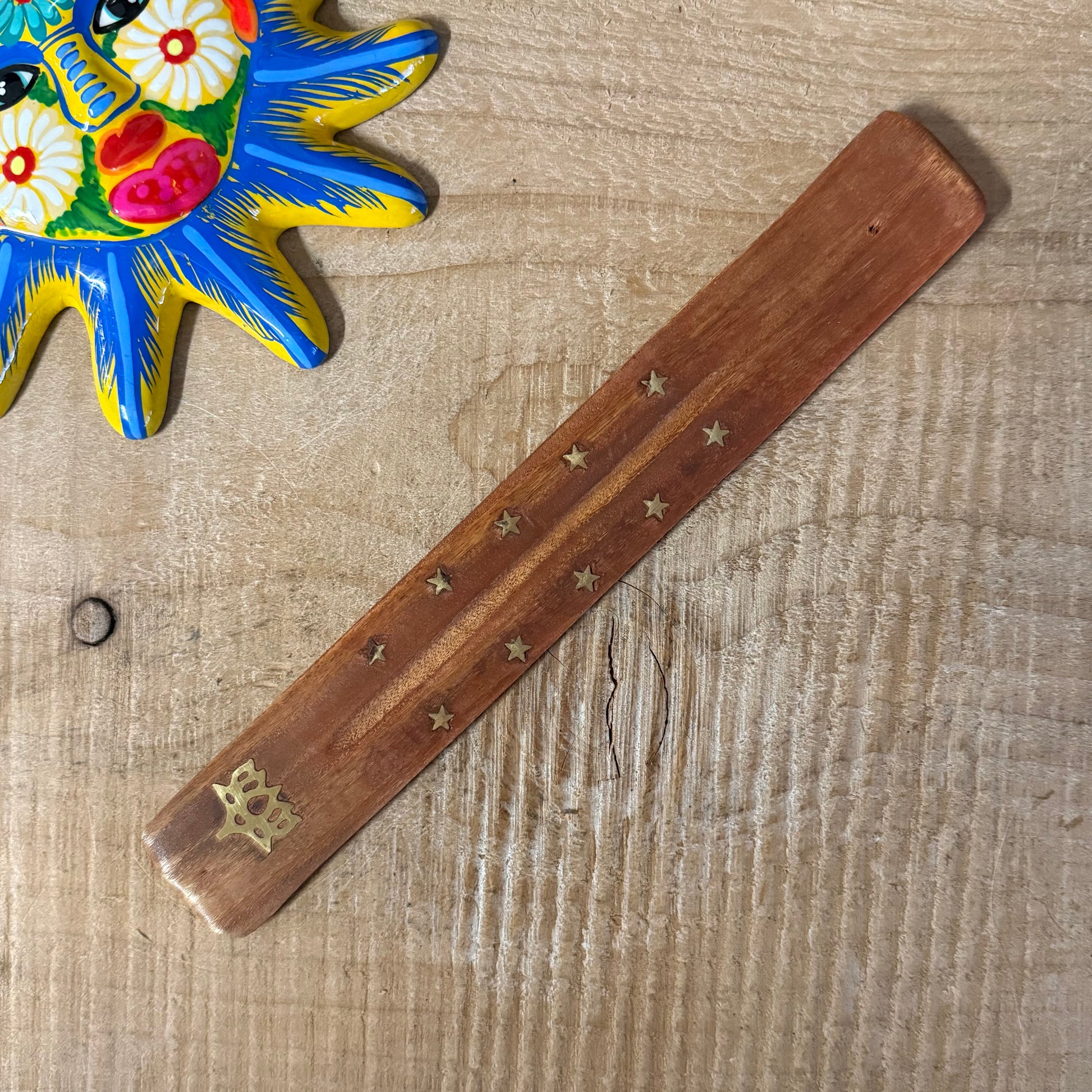 Lotus flower wooden incense ash catcher with brass inlay ritual holder