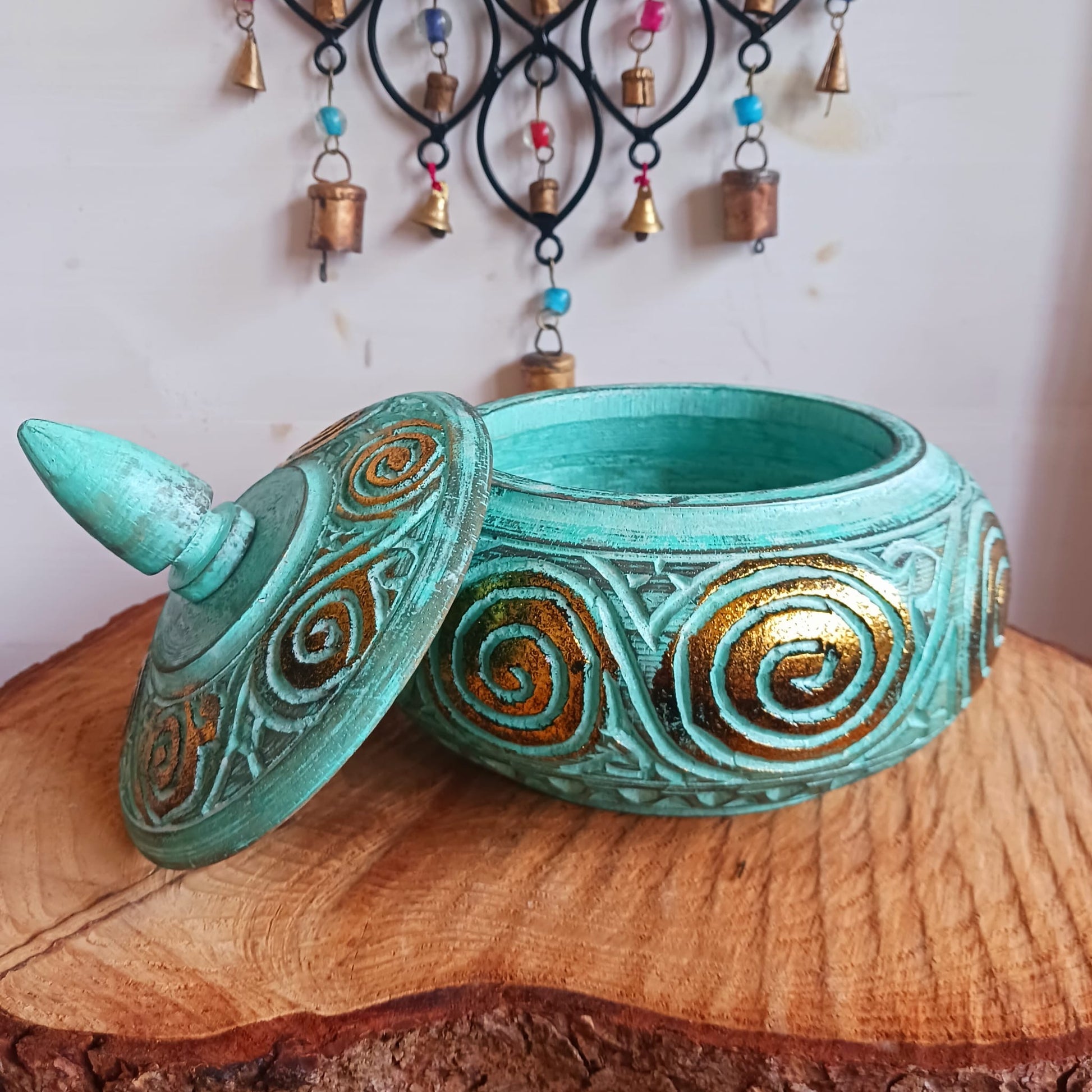 Round Wooden Turquoise Trinket | Jewellery Box