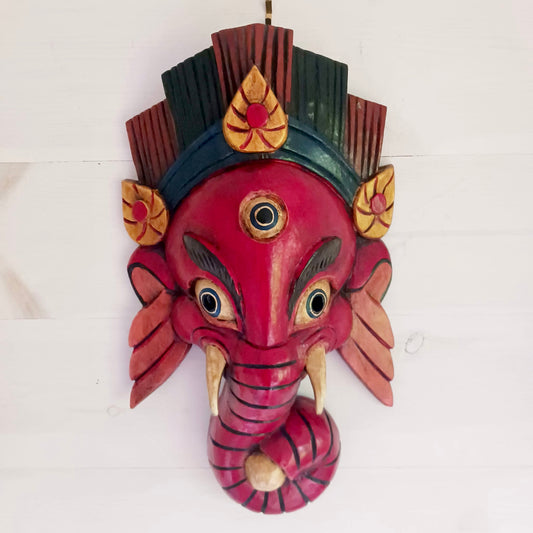 Hand Carved Ganesh Wooden Mask | Wall Hanging | Red