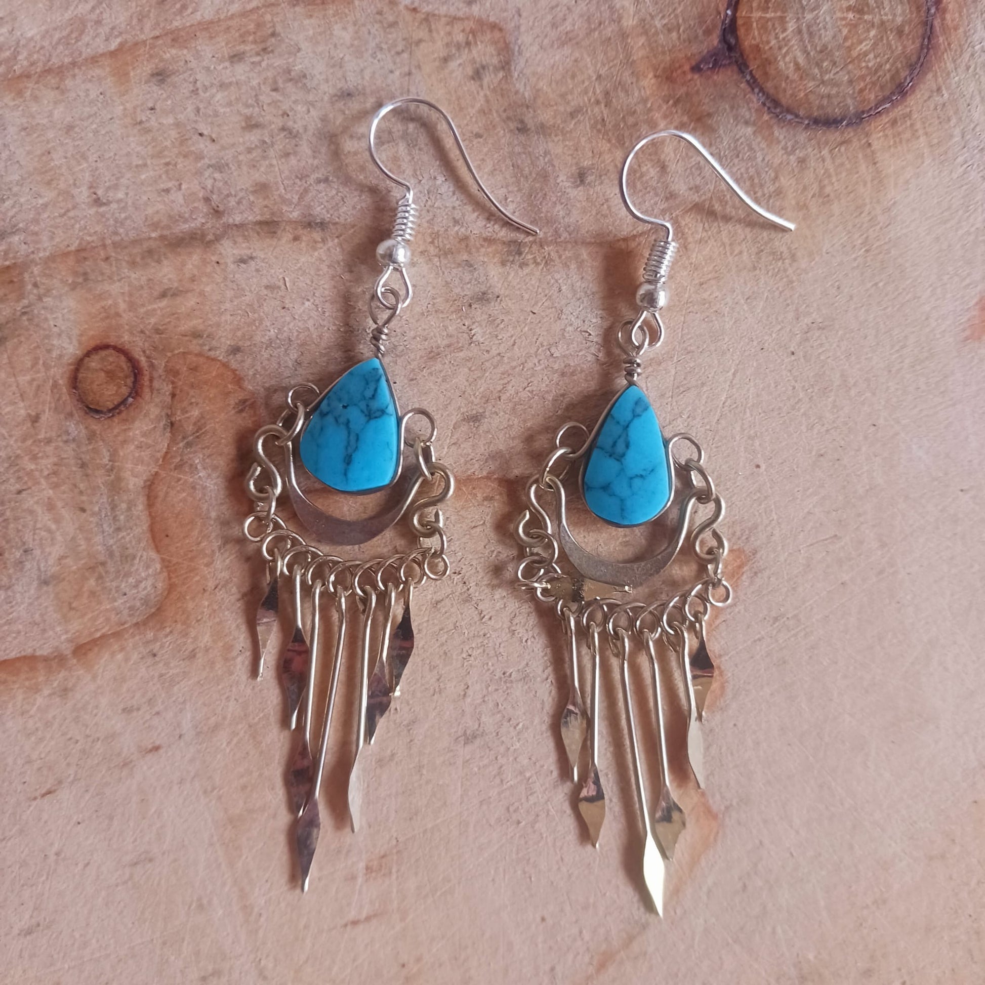 Peruvian Stone Tear Drop Earrings Silver Plated Hooks | Turquoise Stone