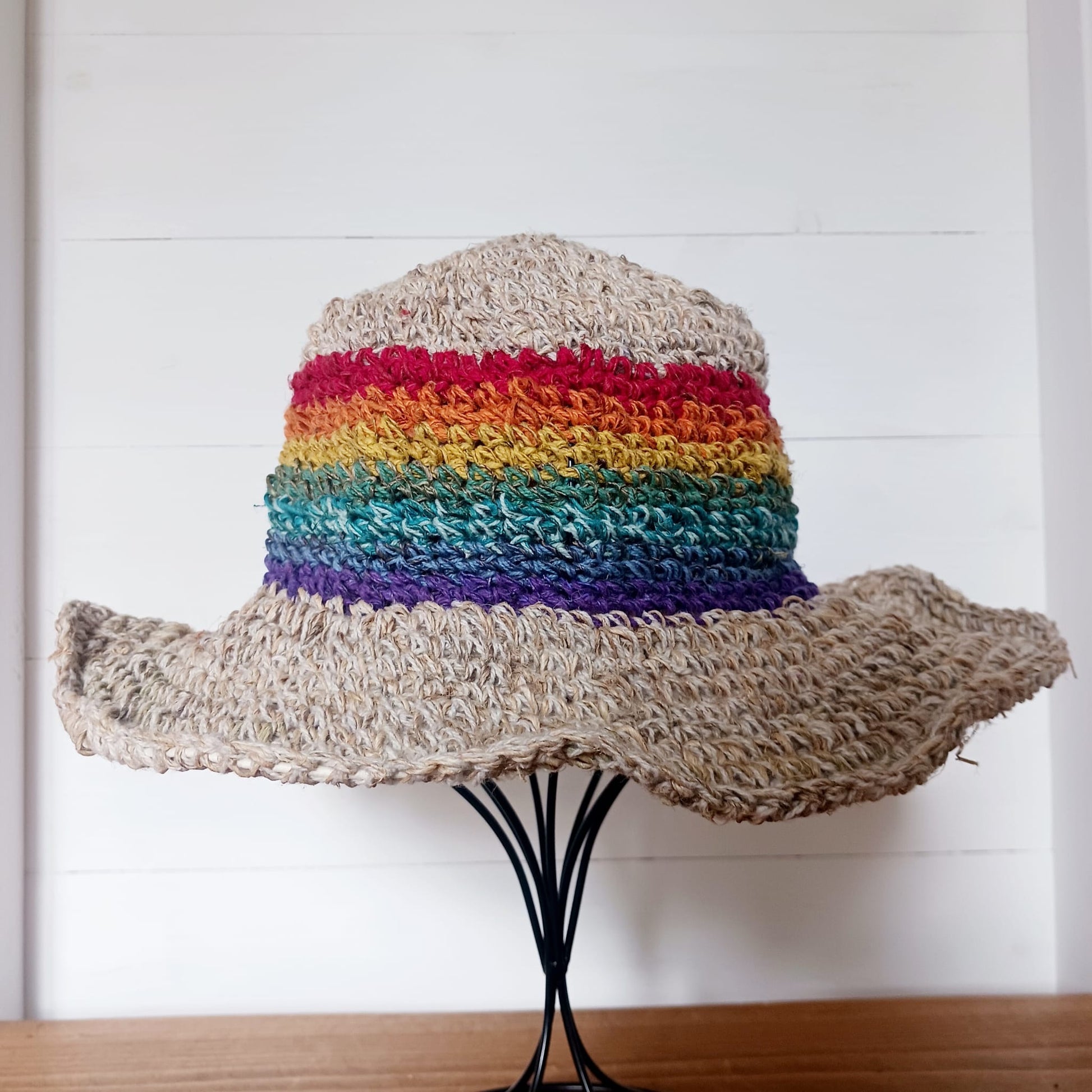 Hand-Knitted Hemp & Cotton Boho Festival Rainbow Hat