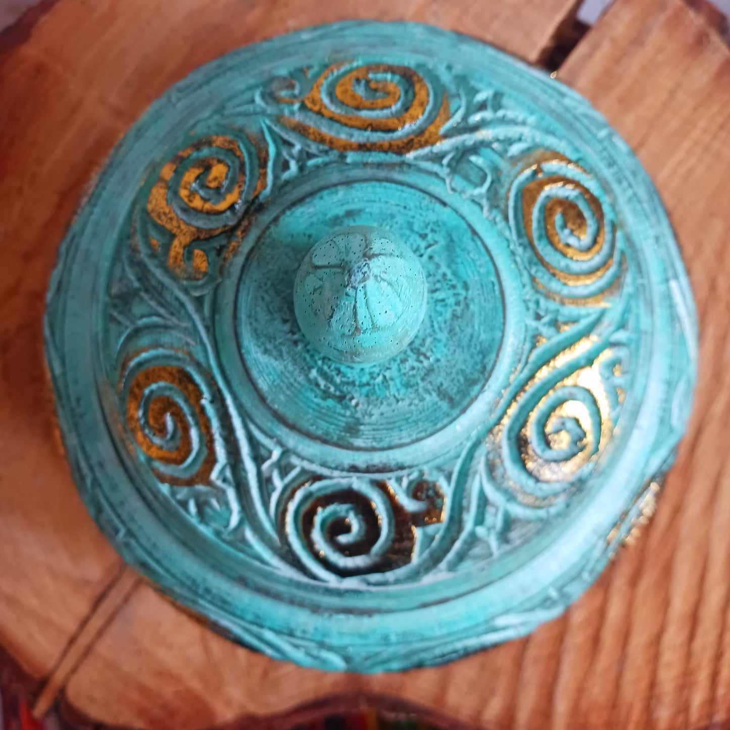 Round Wooden Turquoise Trinket | Jewellery Box