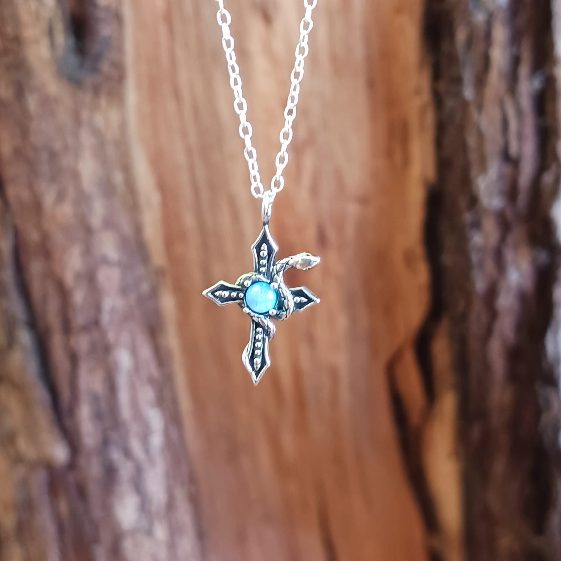 Sterling Silver Serpent Cross with Azure Stone on Silver Chain