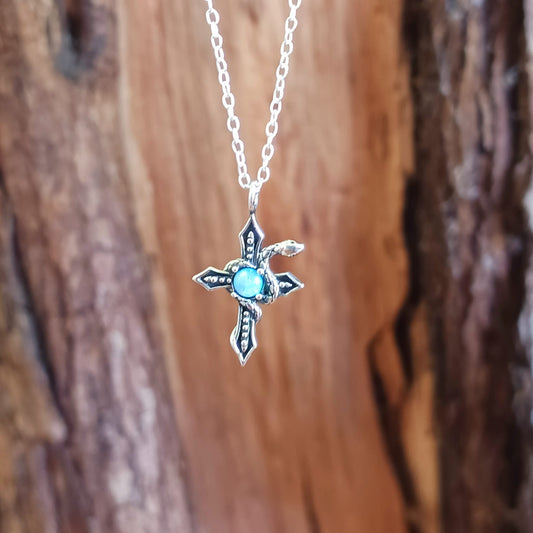 Sterling Silver Serpent Cross with Azure Stone on Silver Chain