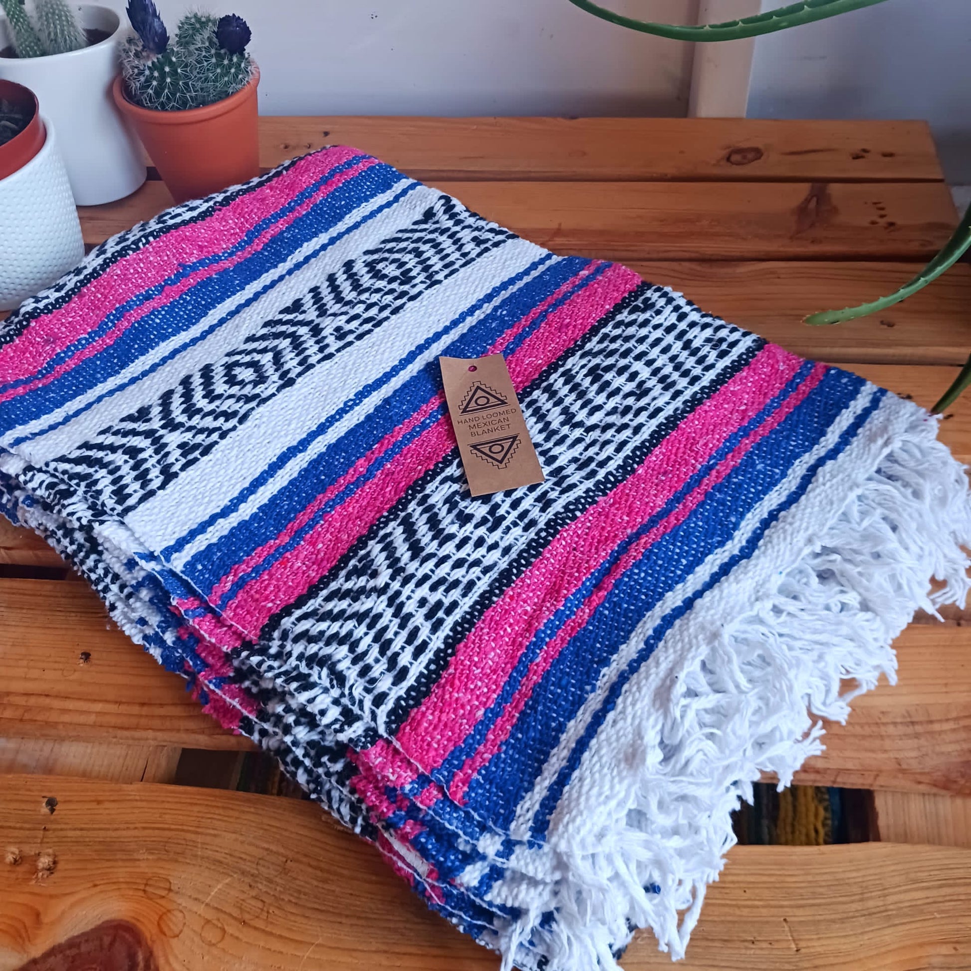 Mexican Falsa Blanket | Traditional hand loomed Pink & Blue