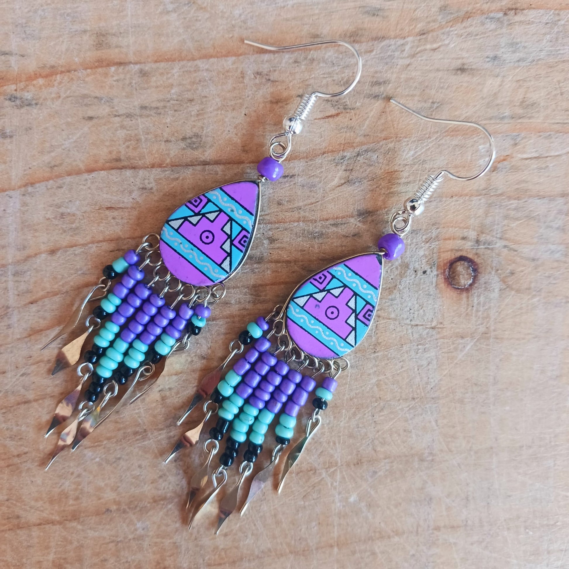 Peruvian Peacock Bead Earrings Silver Plated Hooks