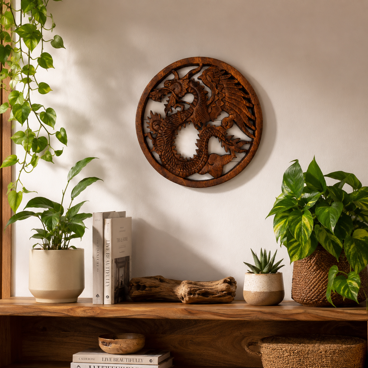 Bring strength, wisdom and timeless craftsmanship into your home with this hand carved Wooden Dragon Plaque. Expertly crafted in Indonesia from sustainably sourced wood, each plaque features an intricate dragon design inspired by ancient folklore and cultural traditions. Dragons have long symbolised protection, courage and guardianship across many cultures, making this striking wall hanging a meaningful addition to any living space. Every piece is individually carved by skilled artisans under Fair Trade con