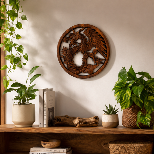 Bring strength, wisdom and timeless craftsmanship into your home with this hand carved Wooden Dragon Plaque. Expertly crafted in Indonesia from sustainably sourced wood, each plaque features an intricate dragon design inspired by ancient folklore and cultural traditions. Dragons have long symbolised protection, courage and guardianship across many cultures, making this striking wall hanging a meaningful addition to any living space. Every piece is individually carved by skilled artisans under Fair Trade con