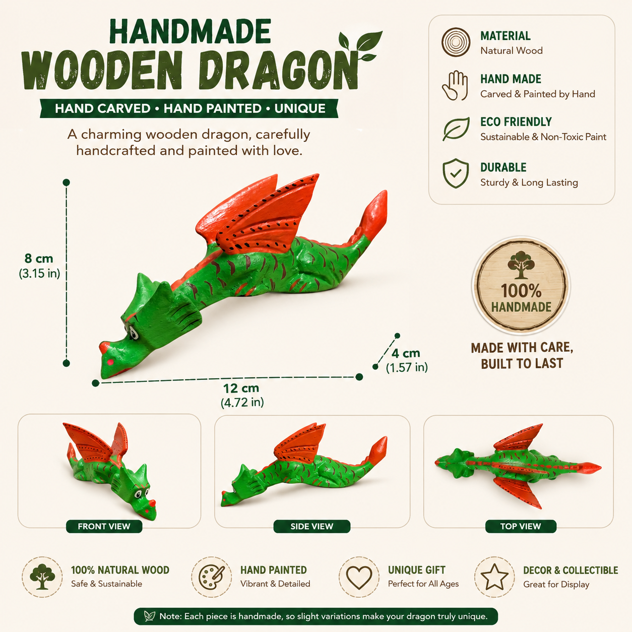 Hand painted wooden dragon figurine made from natural wood 12cm