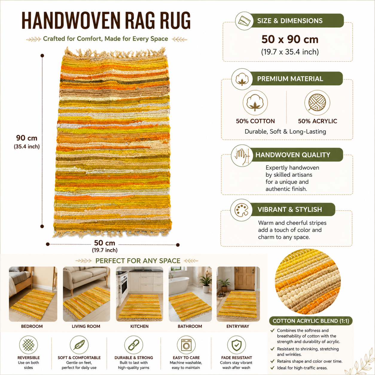 Premium handmade sunset yellow rag rug 50x90cm. Fairtrade cotton blend rug from India, ideal for kitchens, bathrooms, bedrooms and living spaces.
