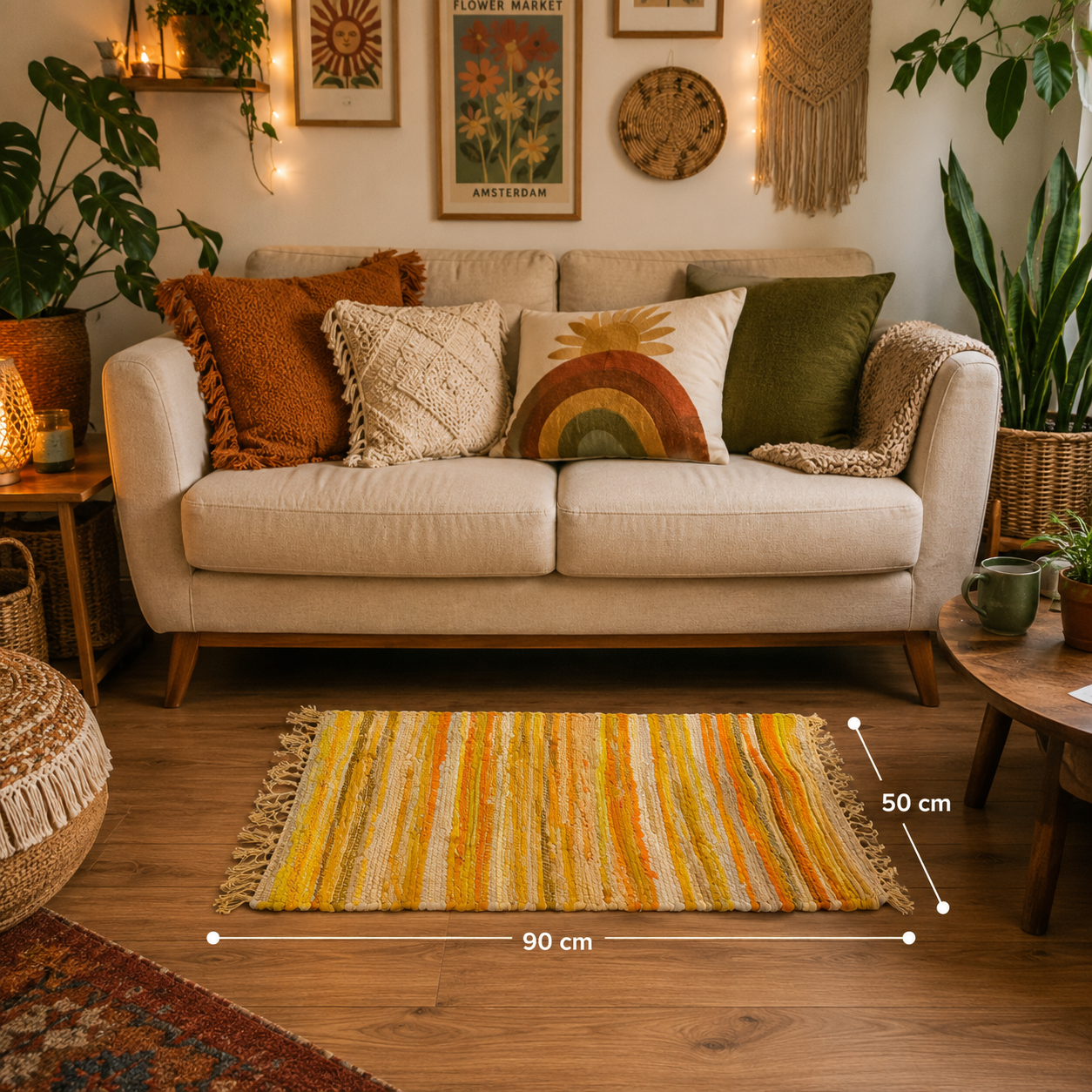Premium handmade sunset yellow rag rug 50x90cm. Fairtrade cotton blend rug from India, ideal for kitchens, bathrooms, bedrooms and living spaces.