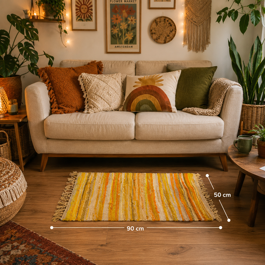 Premium handmade sunset yellow rag rug 50x90cm. Fairtrade cotton blend rug from India, ideal for kitchens, bathrooms, bedrooms and living spaces.