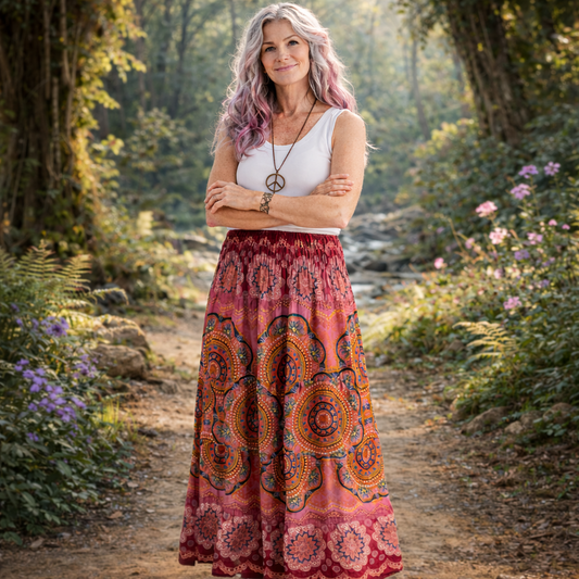 Mandala print rayon long skirt handmade in Thailand. Freesize festival skirt for travel, meditation and summer boho style.