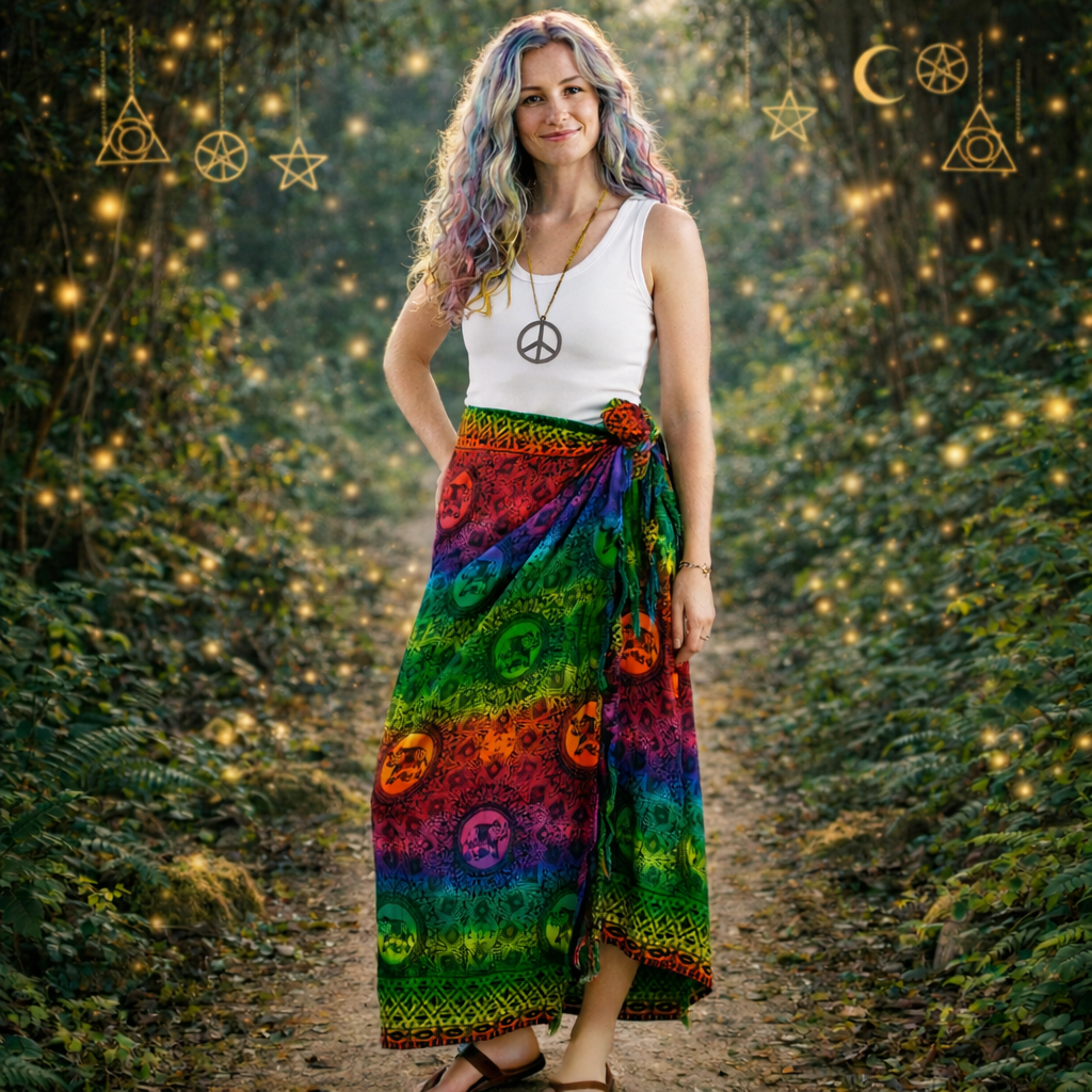 Rainbow print rayon sarong elephant mandala handmade Thailand